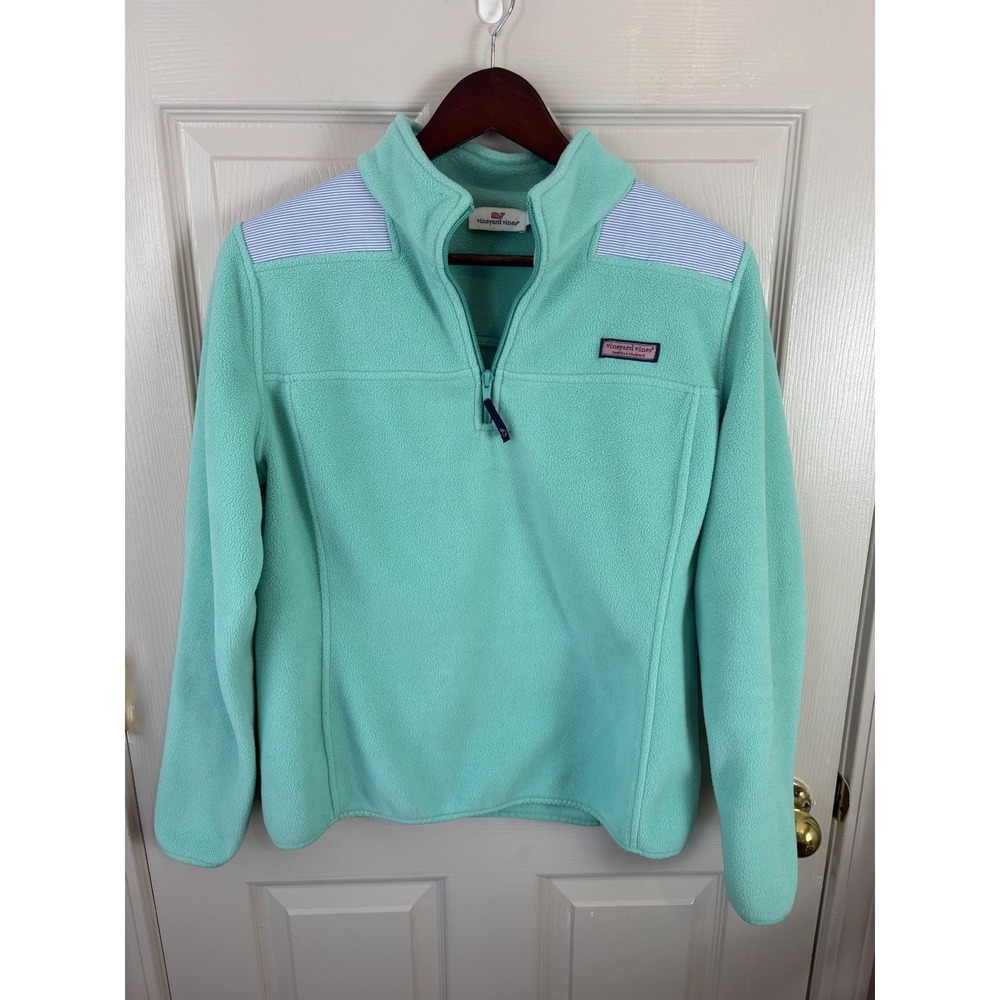 Vineyard Vines Fleece Pullover Women M Mint Green Excellent Seersucker Trim Zip - Picture 2 of 7
